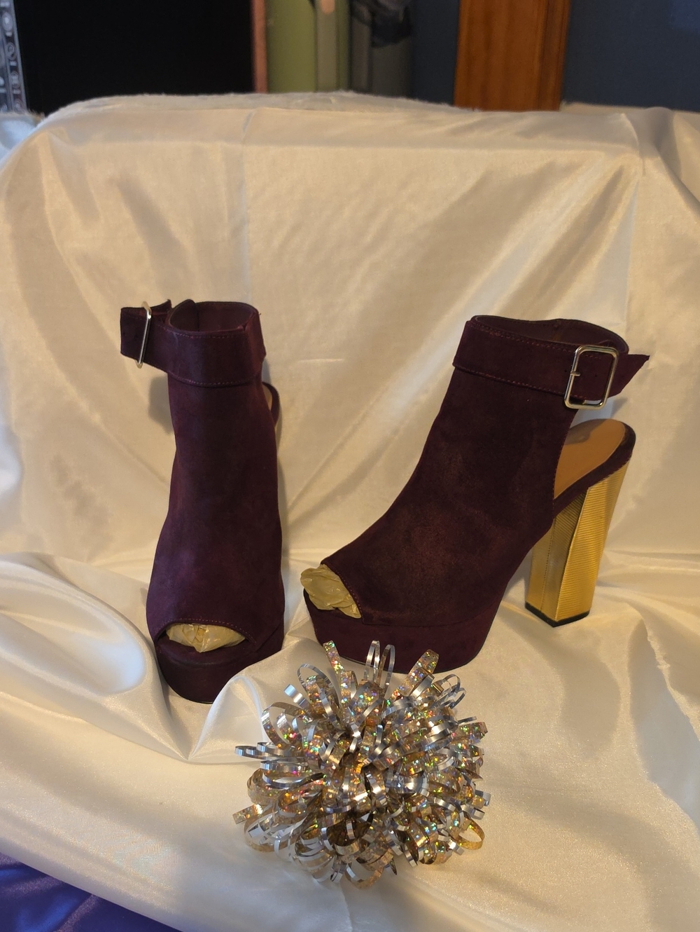 Women's Peep-Toe Ankle Strap Platform Heels in Plum